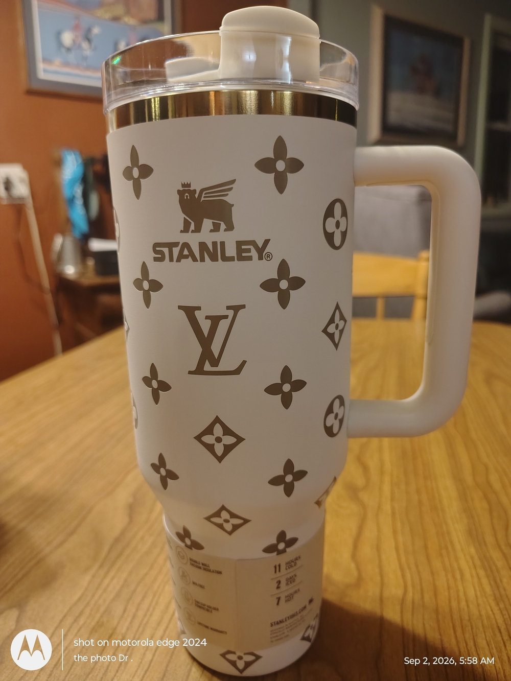 Stanley White & Gold Patterned Insulated Travel Mug with Handle